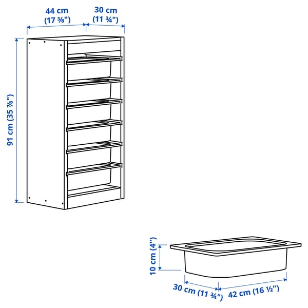 TROFAST storage combination with boxes, light white stained pine green-grey/grey-blue, 44x30x91 cm