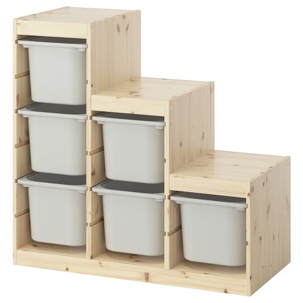 TROFAST - Storage combination with boxes, light white stained pine/grey, 94x44x91 cm