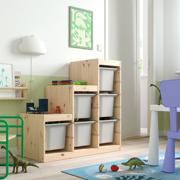 TROFAST storage combination with boxes, light white stained pine/grey, 94x44x91 cm