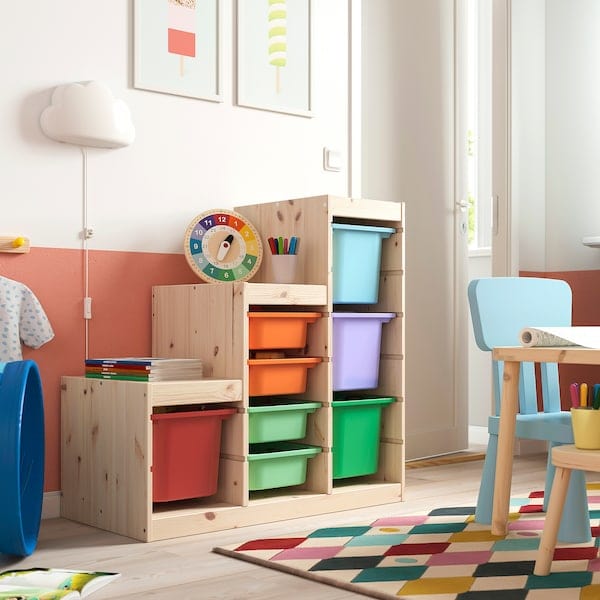 Ikea TROFAST - Combination with containers, pine with white/multicolor stain,94x44x91 cm