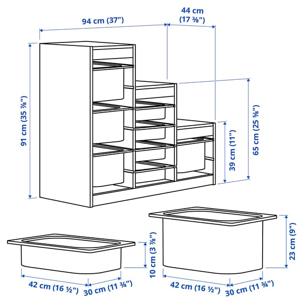 TROFAST storage combination with boxes, light white stained pine/multicolour, 94x44x91 cm