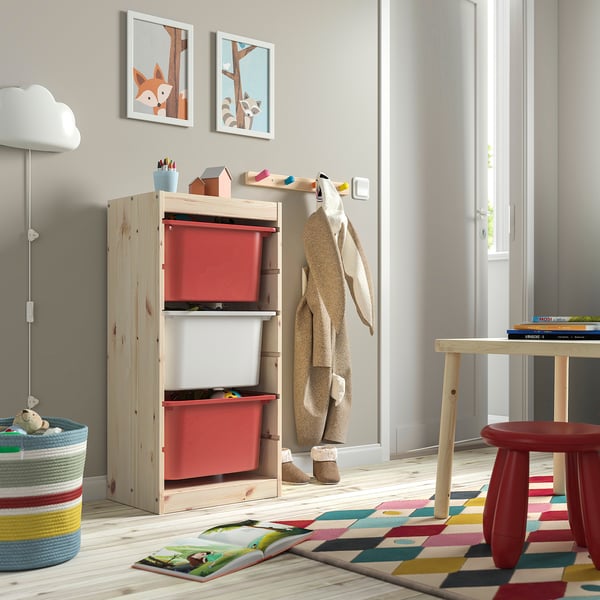 TROFAST storage combination with boxes, light white stained pine/red white, 44x30x91 cm