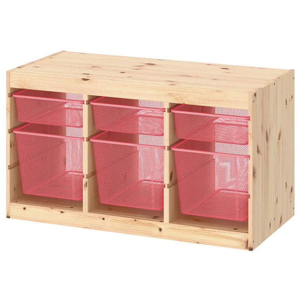 TROFAST storage combination with boxes, light white stained pine/light red, 93x44x52 cm