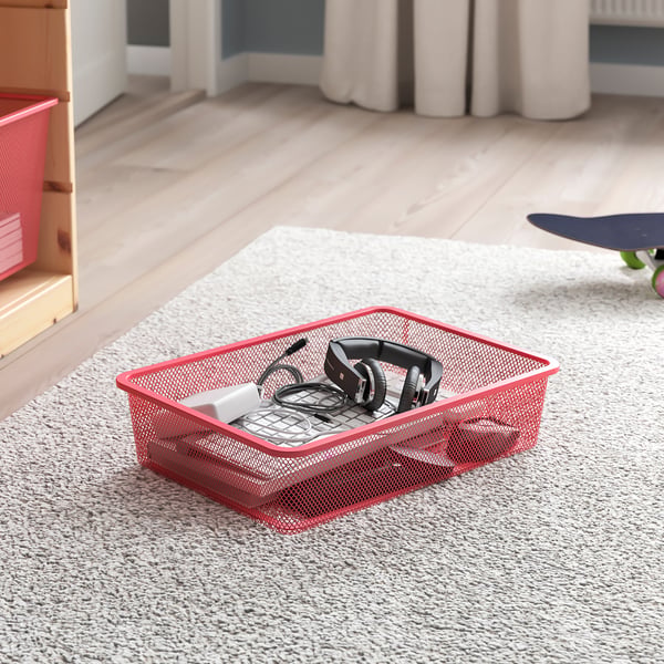 TROFAST storage combination with boxes, light white stained pine/light red, 93x44x52 cm