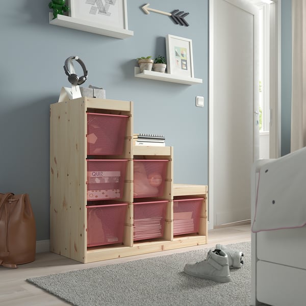 TROFAST - TROFAST Storage combination with boxes, light white stained pine/light red, 94x44x91 cm