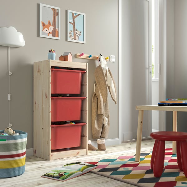 TROFAST storage combination with boxes, light white stained pine/red, 44x30x91 cm