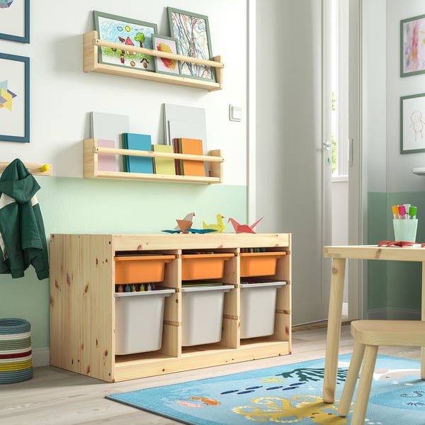 TROFAST - TROFAST Storage combination with boxes, light white stained pine light orange/grey, 93x44x52 cm