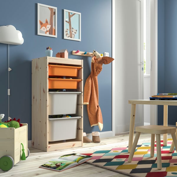 TROFAST storage combination with boxes, light white stained pine light orange/grey, 44x30x91 cm
