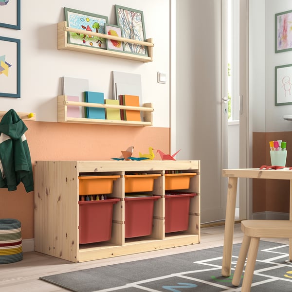 TROFAST storage combination with boxes, light white stained pine light orange/red, 93x44x52 cm