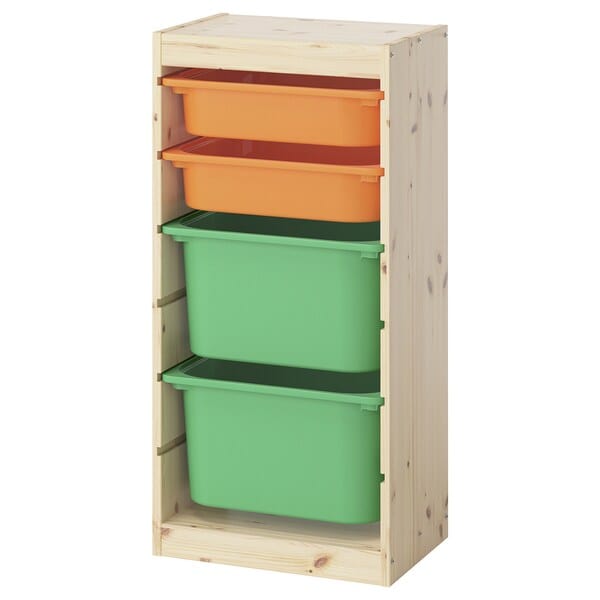 TROFAST - Storage combination with boxes, light white stained pine/light orange bright green, 44x30x91 cm