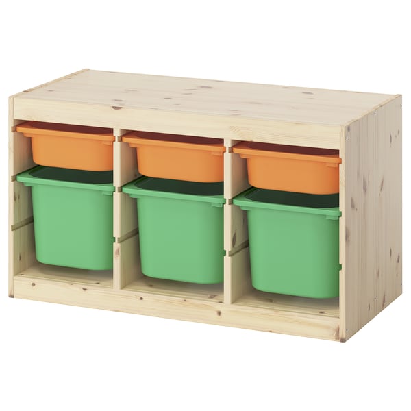 TROFAST storage combination with boxes, light white stained pine light orange/bright green, 93x44x52 cm