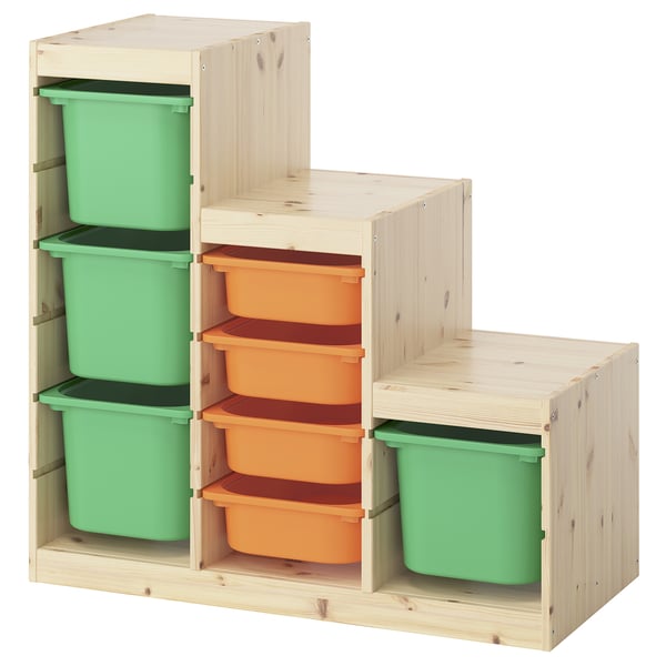 TROFAST storage combination with boxes, light white stained pine light orange/bright green, 94x44x91 cm
