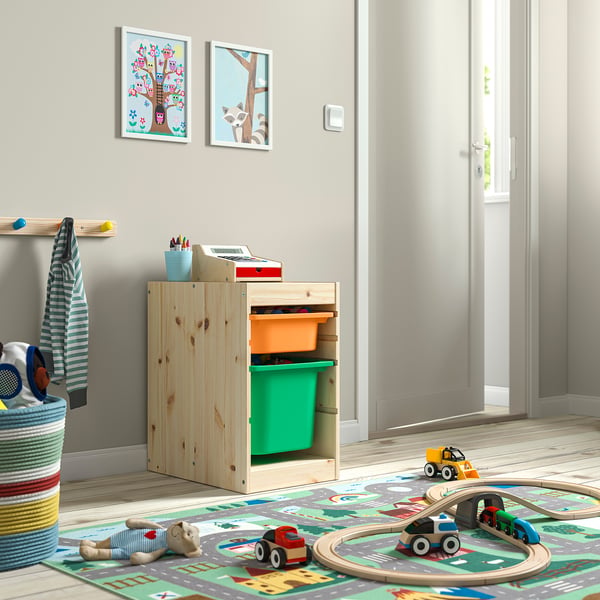 TROFAST storage combination with boxes, light white stained pine light orange/bright green, 32x44x52 cm
