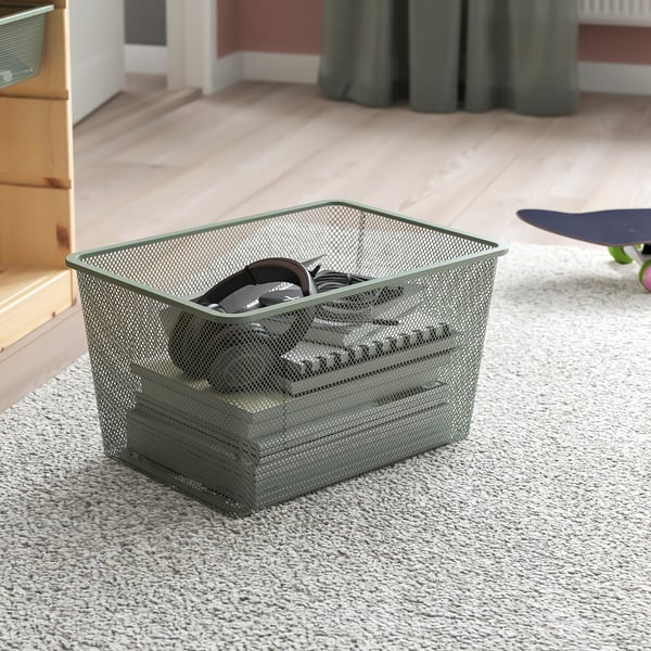 TROFAST storage combination with boxes, light white stained pine/light green-grey, 93x44x52 cm