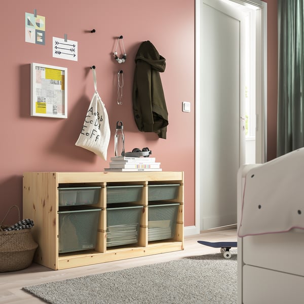 TROFAST storage combination with boxes, light white stained pine/light green-grey, 93x44x52 cm