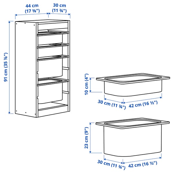 TROFAST - TROFAST Storage combination with boxes, light white stained pine/light green grey, 44x30x91 cm