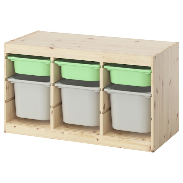 TROFAST - Combination with containers, pine with light green/gray white stain,93x44x52 cm