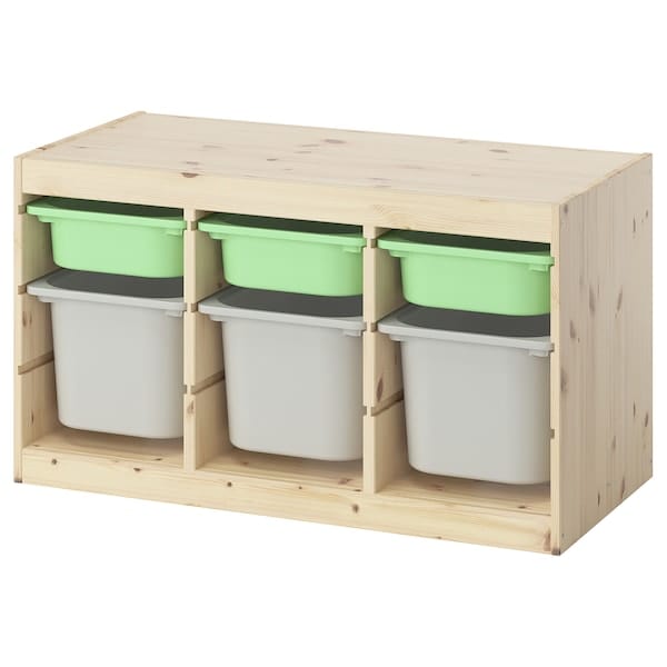 TROFAST - Storage combination with boxes, light white stained pine light green/grey, 93x44x52 cm