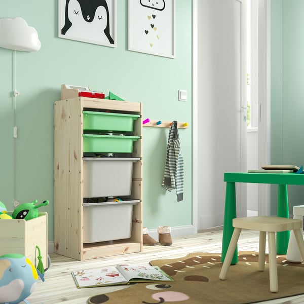 TROFAST storage combination with boxes, light white stained pine/light green grey, 44x30x91 cm