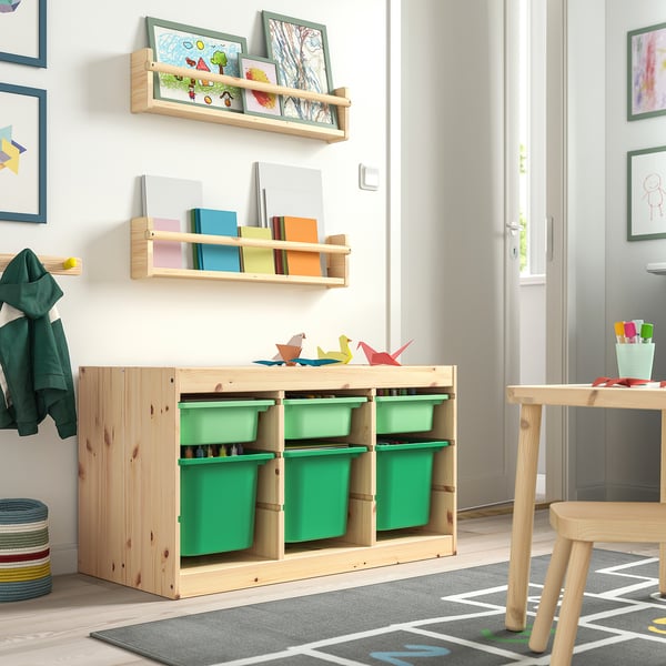 TROFAST storage combination with boxes, light white stained pine light green/bright green, 93x44x52 cm