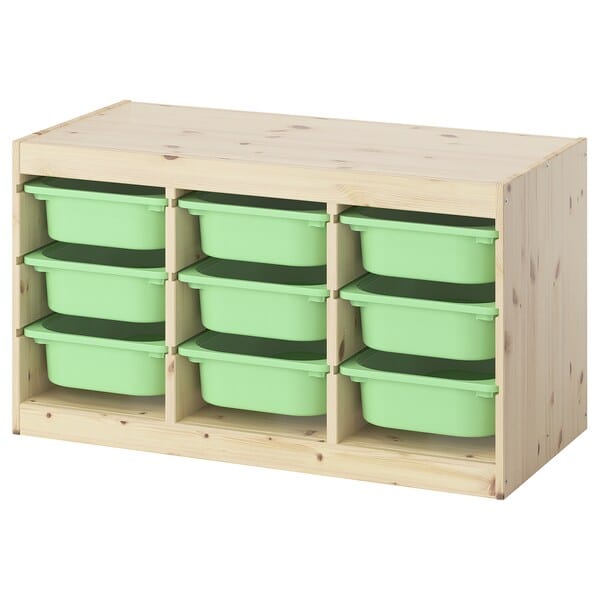 TROFAST - Storage combination with boxes, light white stained pine/light green, 93x44x52 cm