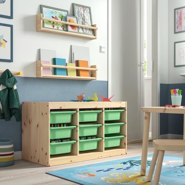 TROFAST - Storage combination with boxes, light white stained pine/light green, 93x44x52 cm