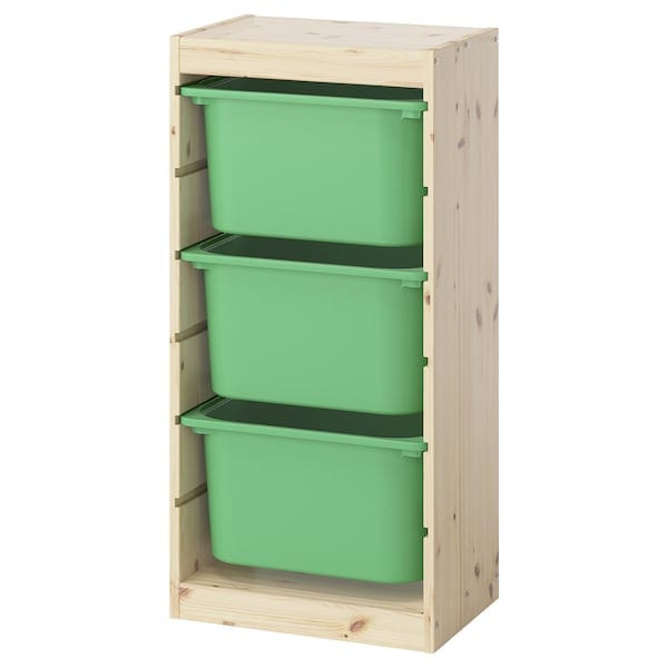 TROFAST - Storage combination with boxes, light white stained pine/bright green, 44x30x91 cm