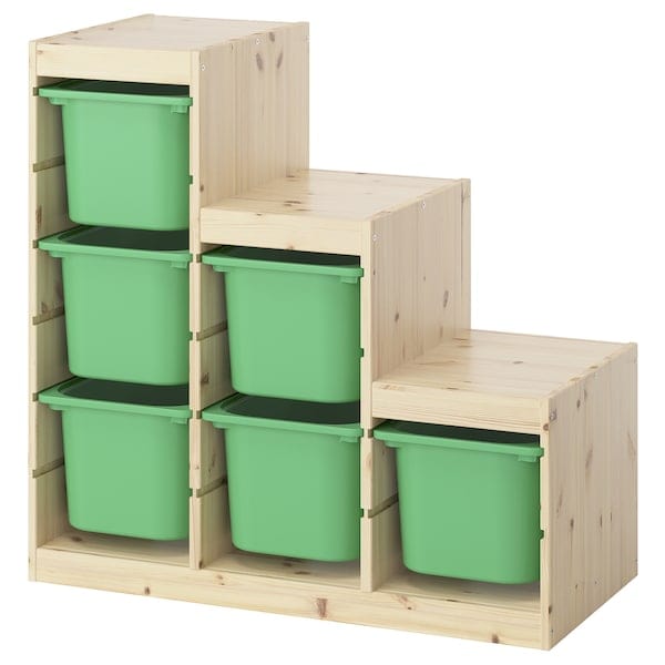 TROFAST - Storage combination with boxes, light white stained pine/bright green, 94x44x91 cm
