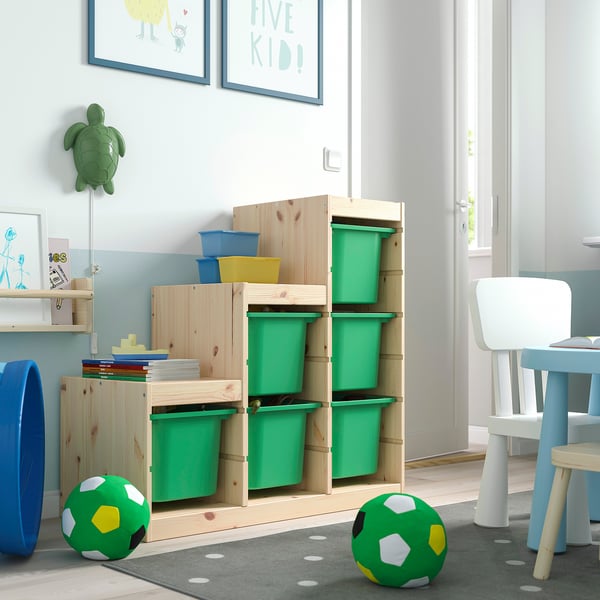 TROFAST storage combination with boxes, light white stained pine/bright green, 94x44x91 cm