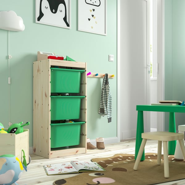 TROFAST storage combination with boxes, light white stained pine/bright green, 44x30x91 cm