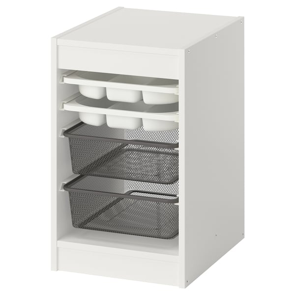 TROFAST storage combination w boxes/trays, white white/dark grey, 34x44x56 cm