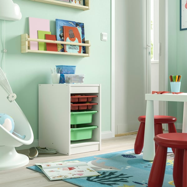 TROFAST storage combination w boxes/trays, white red/light green, 34x44x56 cm