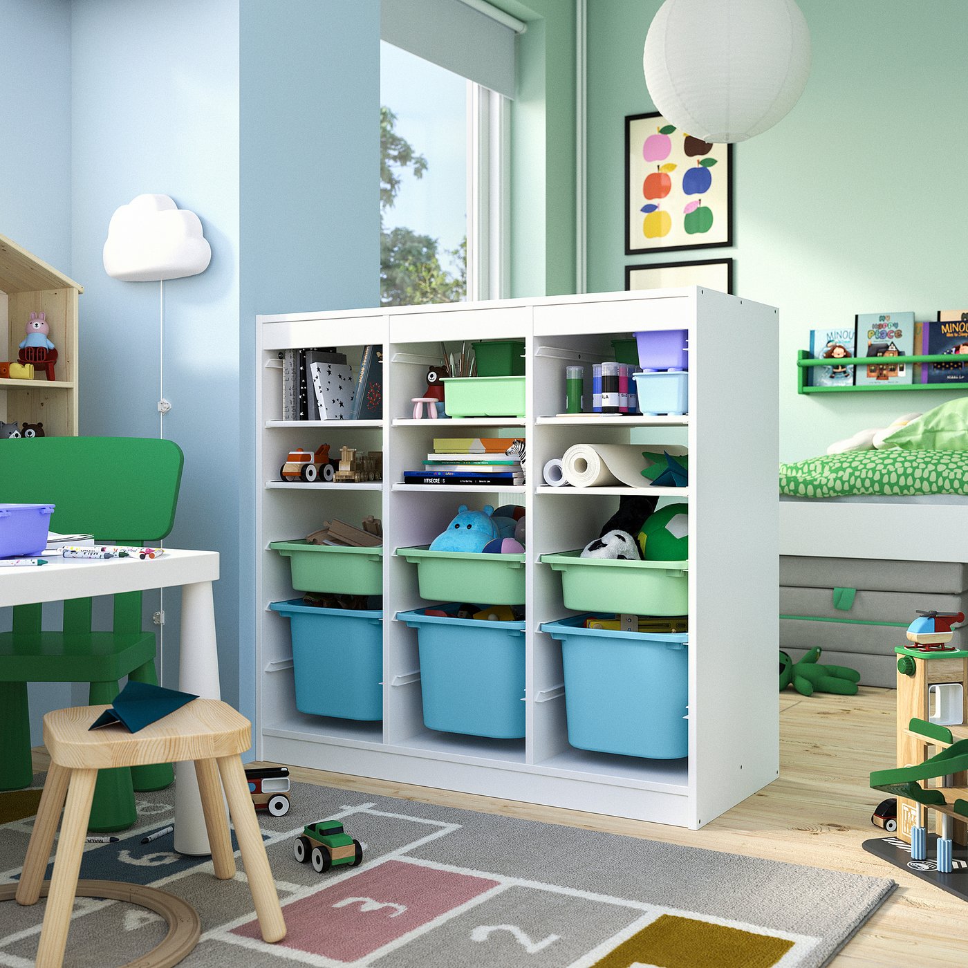 TROFAST storage combination, with shelves/boxes room divider/white light green light blue, 99x94x44 cm