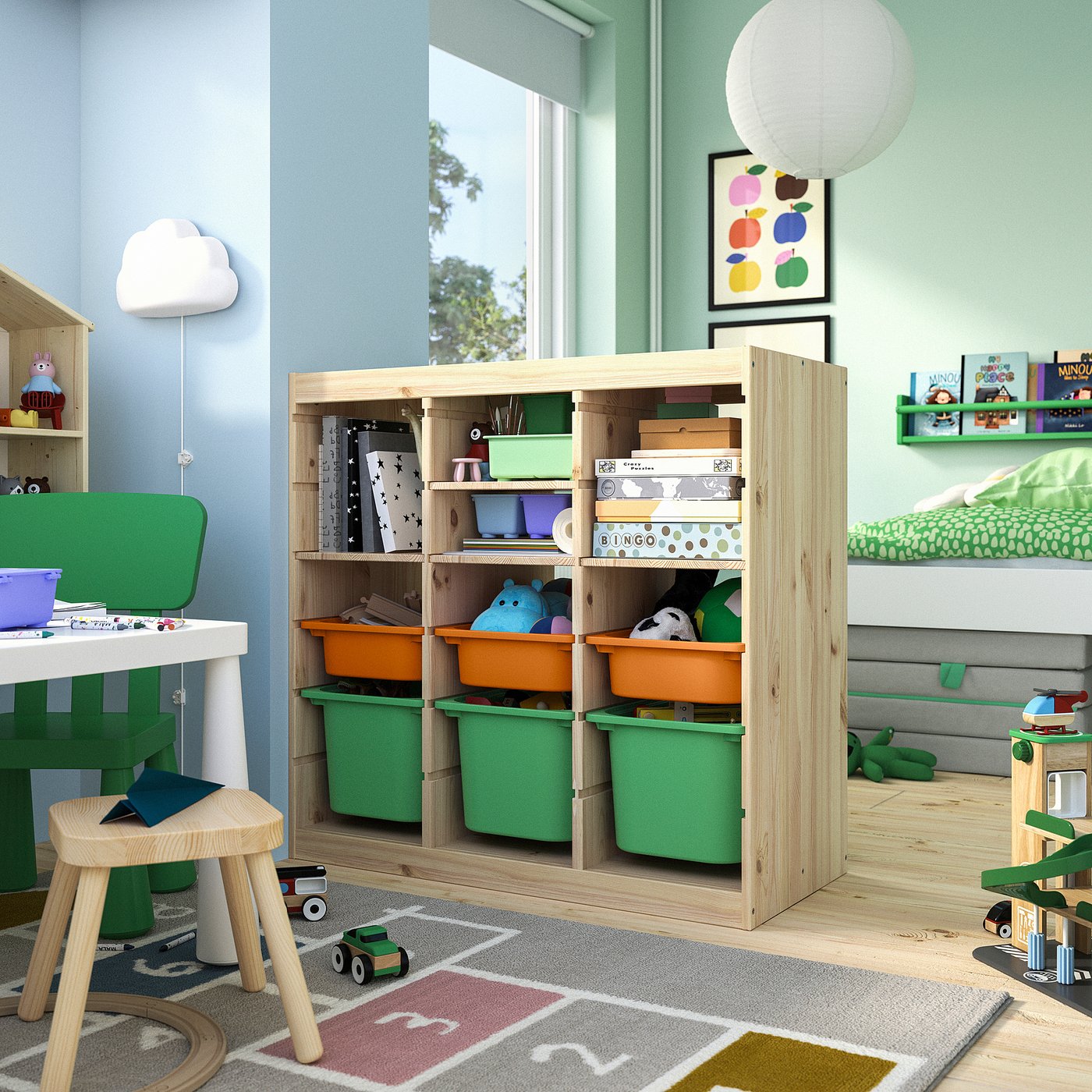 TROFAST storage combination, with shelves/boxes room divider/light white stained pine light orange bright green, 93x91x44 cm