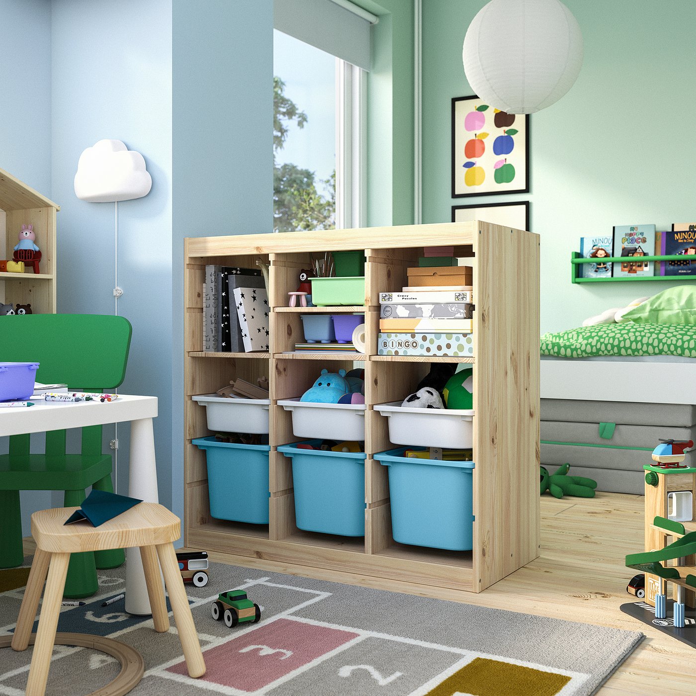TROFAST storage combination, with shelves/boxes room divider/light white stained pine light blue, 93x44x91 cm
