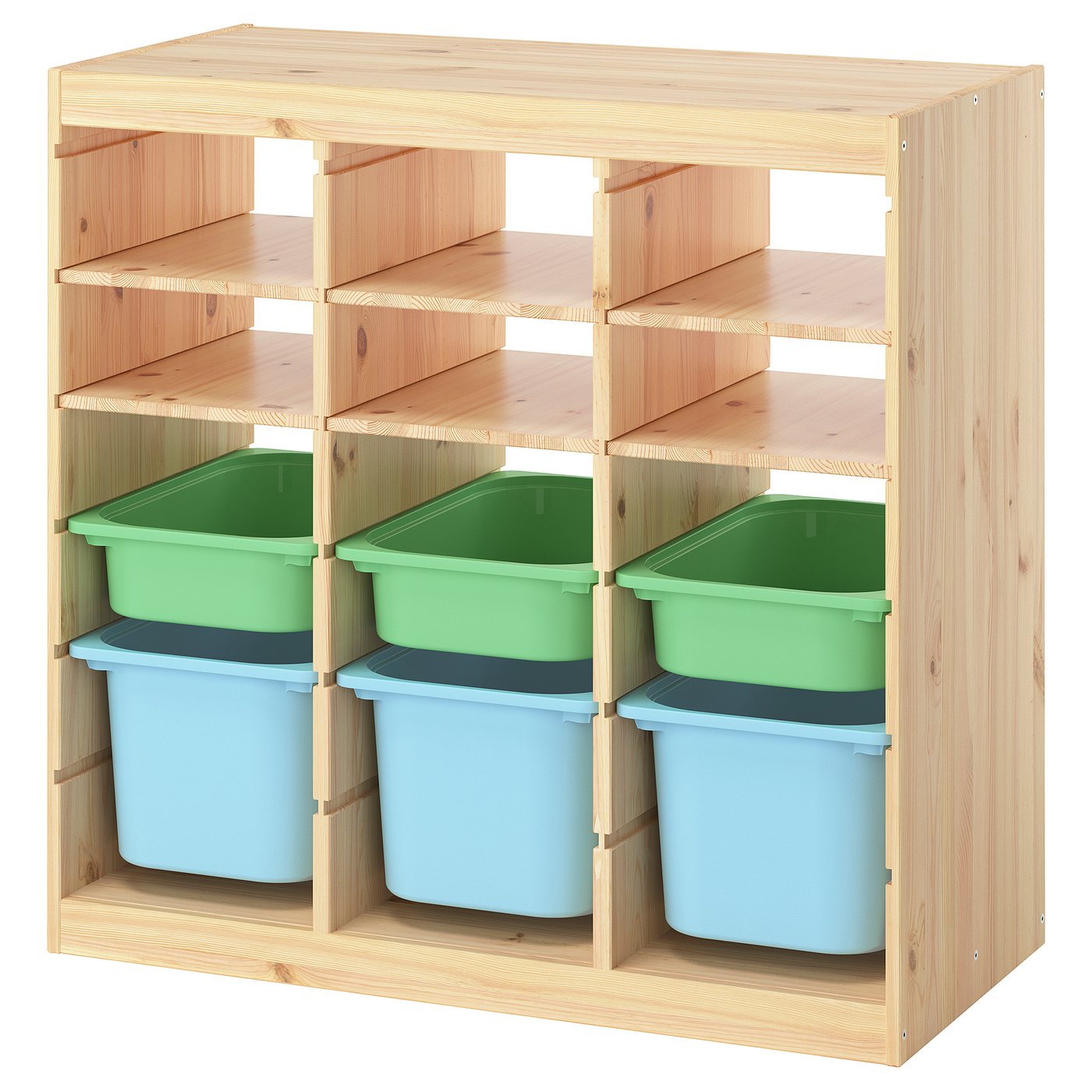 TROFAST storage combination, with shelves/boxes room divider/light white stained pine light green light blue, 93x91x44 cm