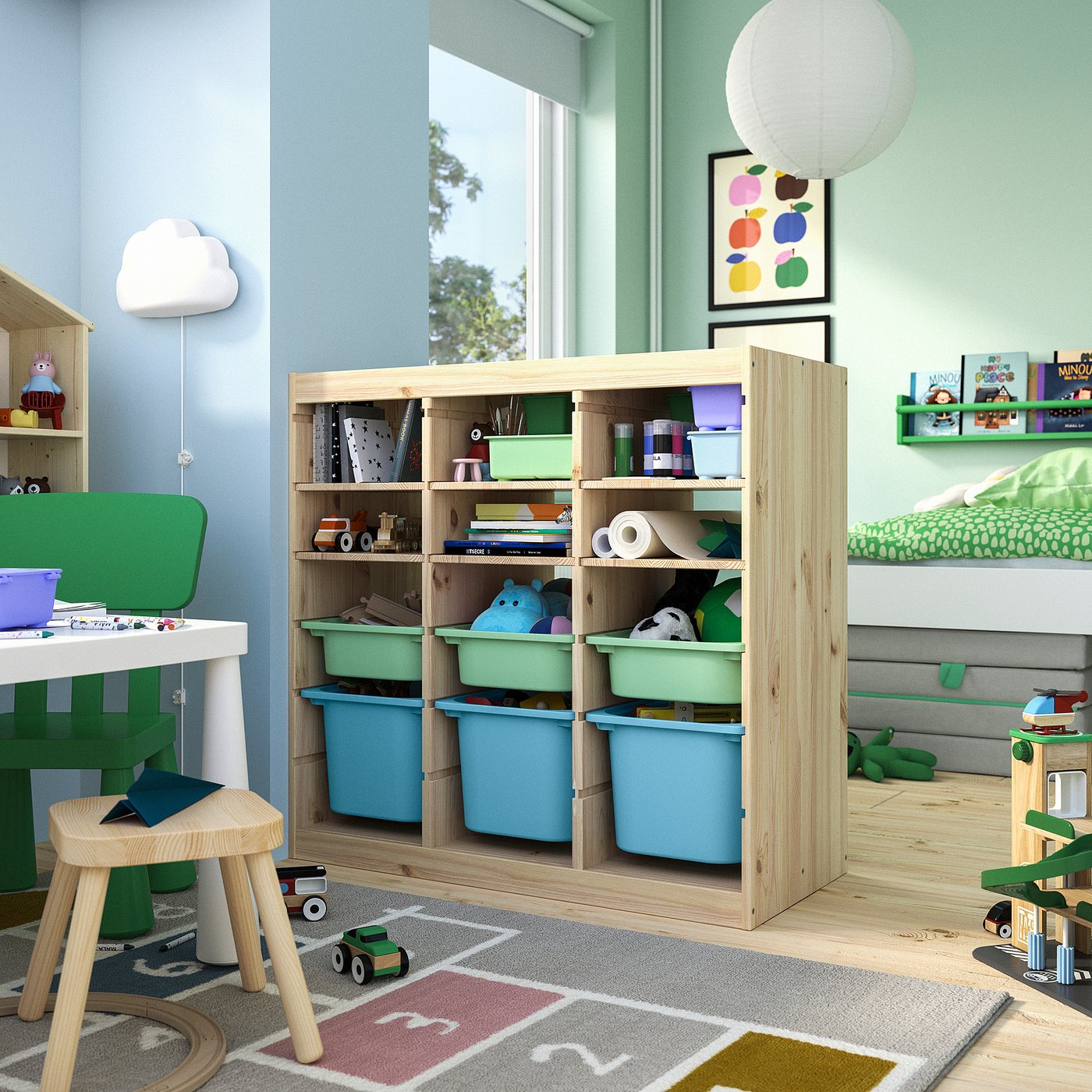 TROFAST storage combination, with shelves/boxes room divider/light white stained pine light green light blue, 93x91x44 cm