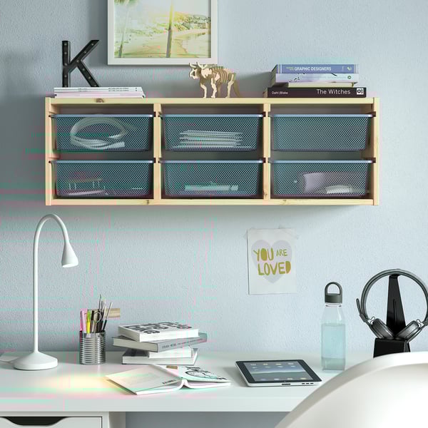 TROFAST wall storage, light white stained pine/grey-blue, 93x21x30 cm