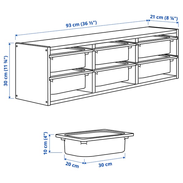 TROFAST wall storage, light white stained pine/grey-blue, 93x21x30 cm