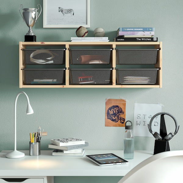 TROFAST - Wall storage, light white stained pine/dark grey, 93x21x30 cm