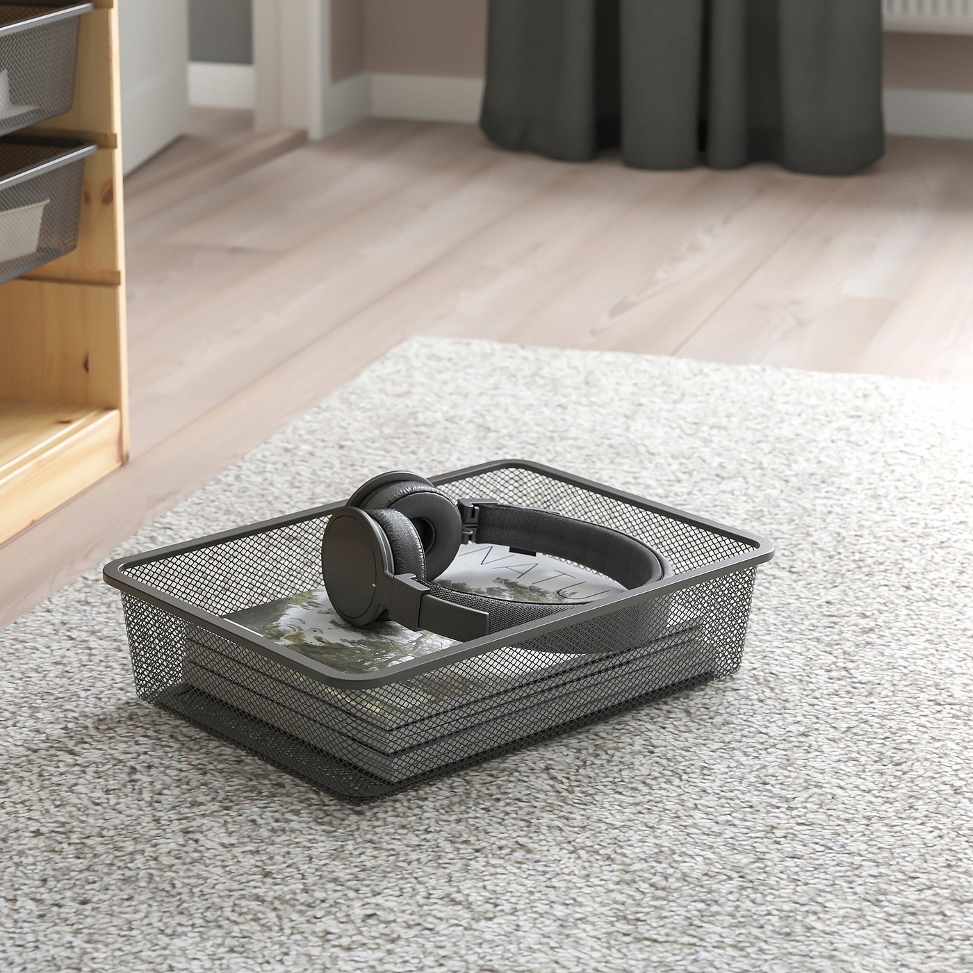 TROFAST desk with mesh storage boxes, light white stained pine/dark grey dark grey, 124x52x44 cm