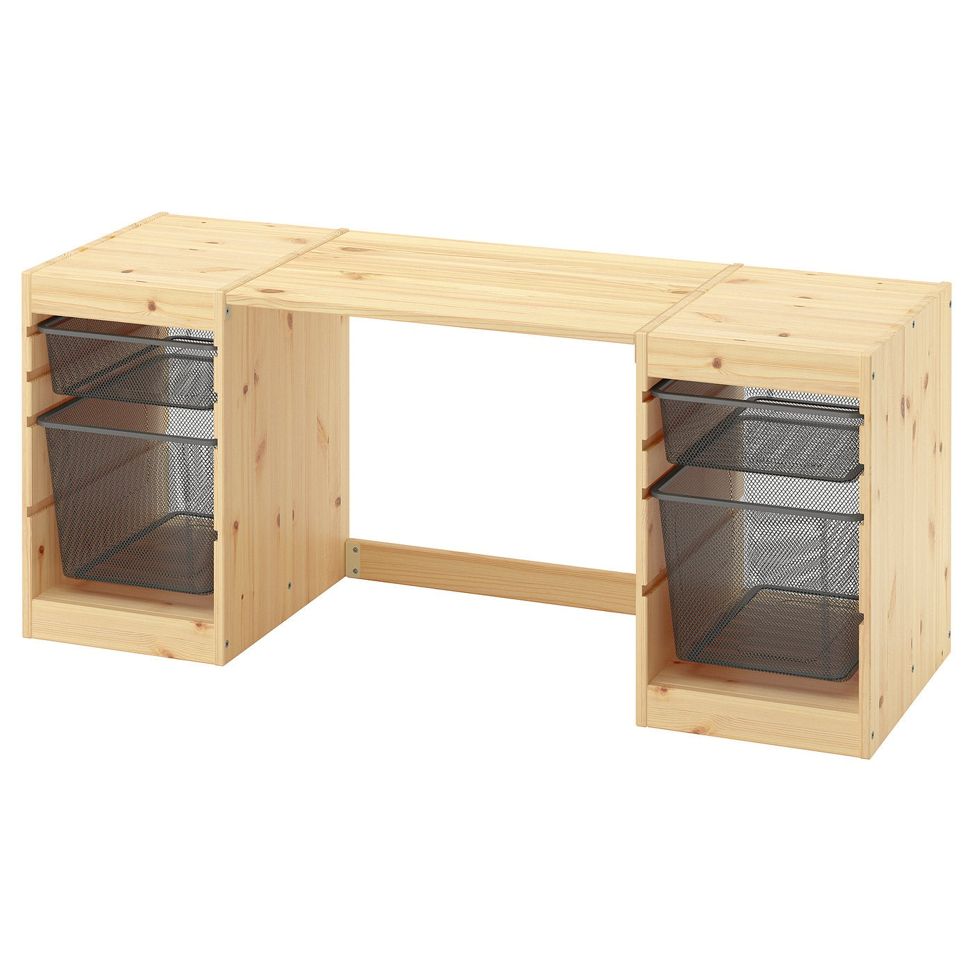 TROFAST desk with mesh storage boxes, light white stained pine/dark grey dark grey, 124x52x44 cm