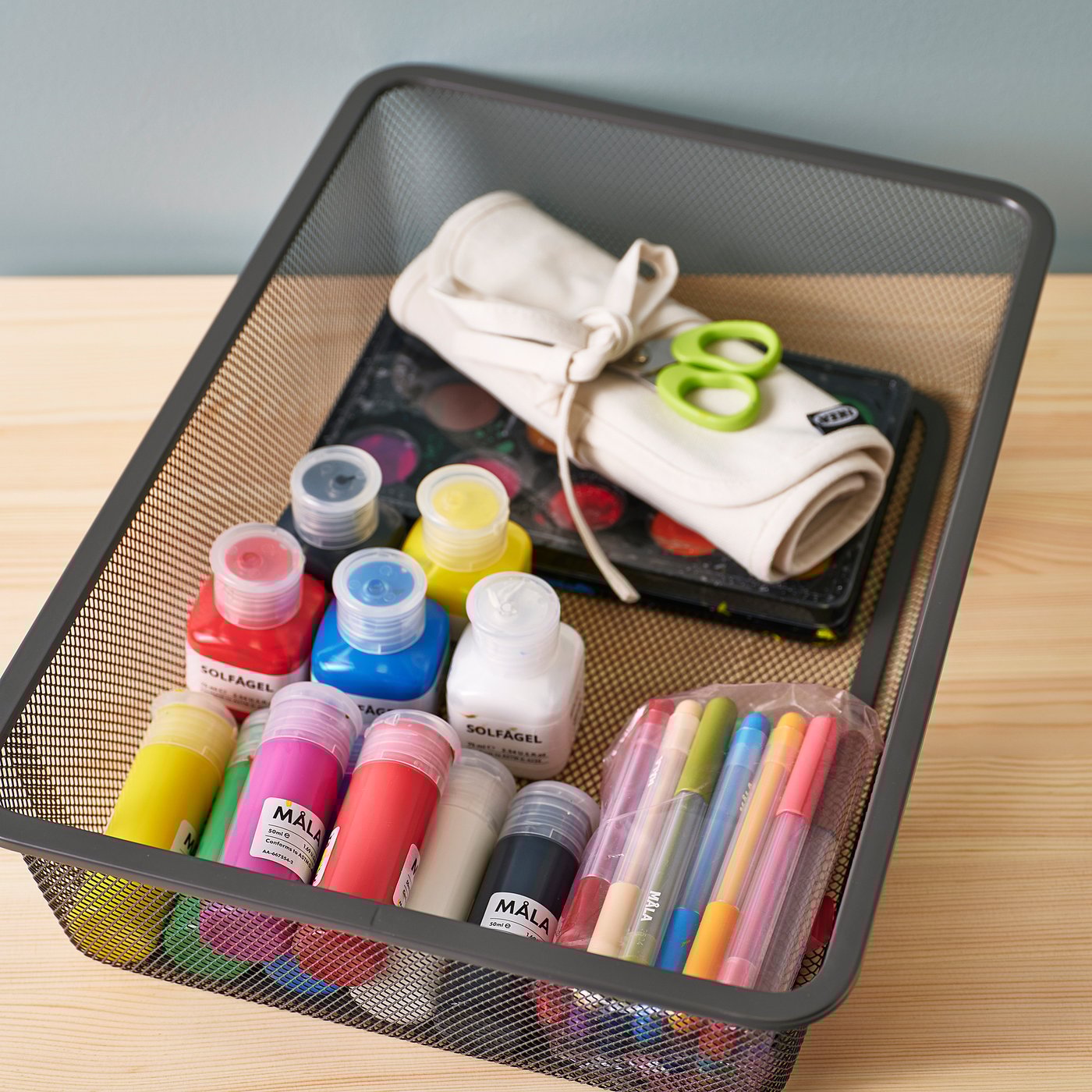TROFAST desk with mesh storage boxes, light white stained pine/dark grey dark grey, 124x52x44 cm