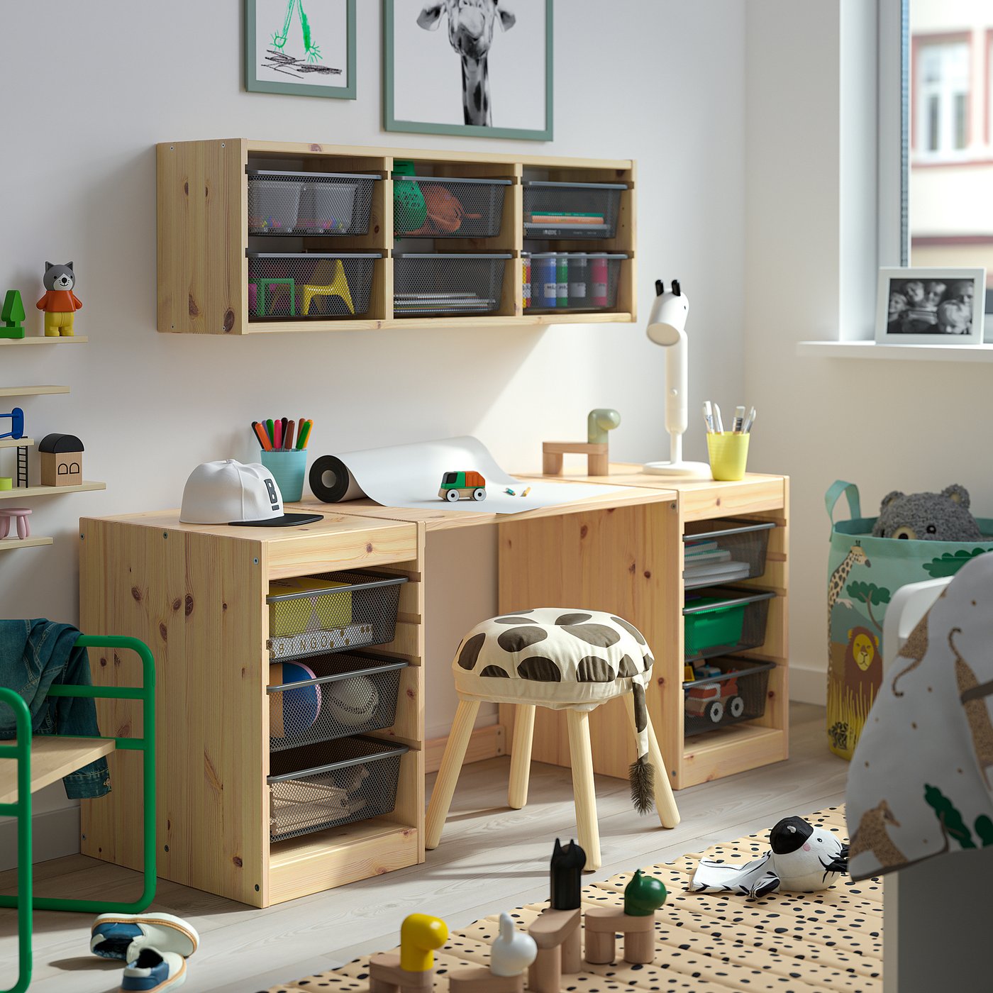 TROFAST desk with mesh storage boxes, light white stained pine dark grey, 124x44x52 cm
