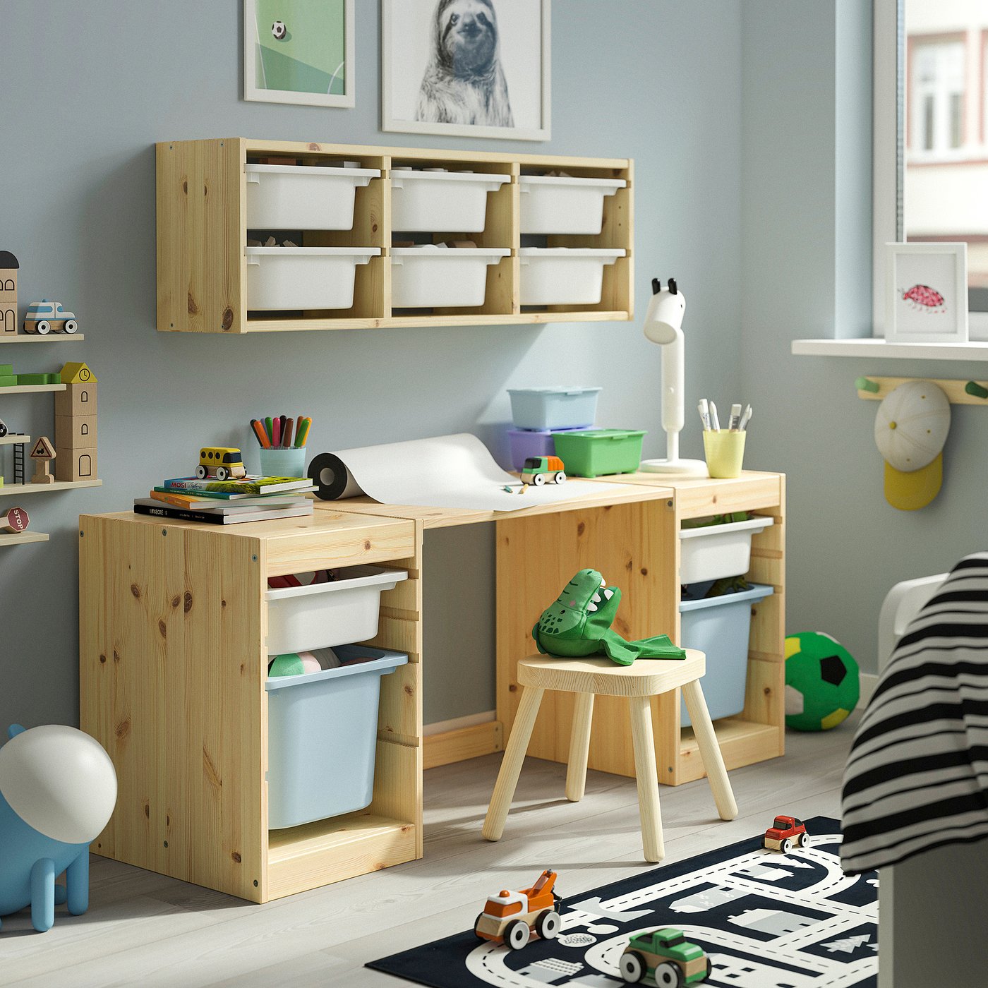 TROFAST desk with storage boxes, light white stained pine/white light blue, 124x52x44 cm