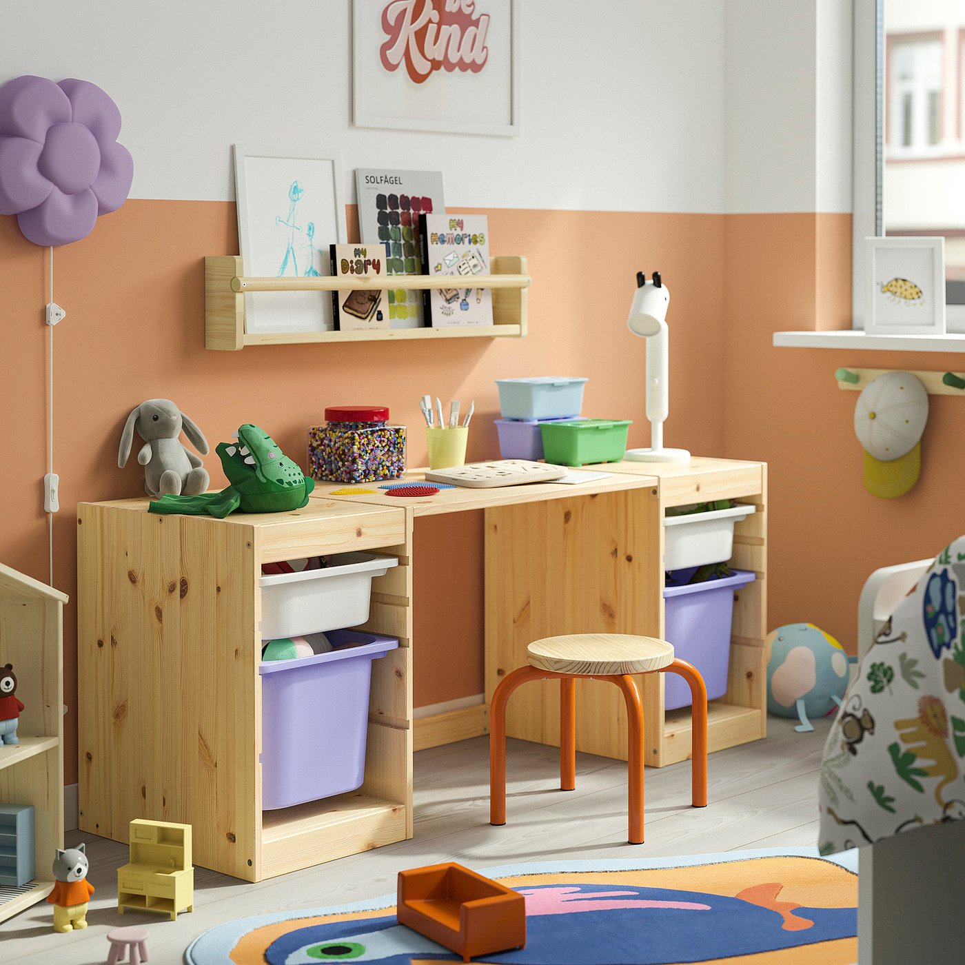 TROFAST desk with storage boxes, light white stained pine/white lilac, 124x44x52 cm
