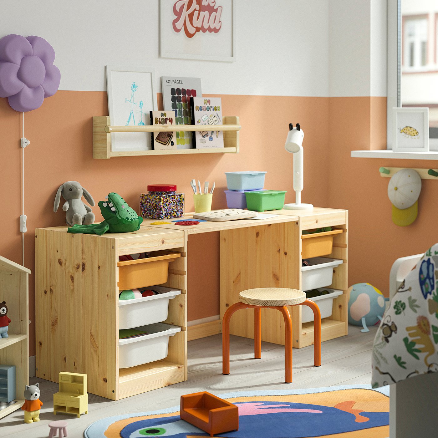 TROFAST desk with storage boxes, light white stained pine/light orange white, 124x52x44 cm