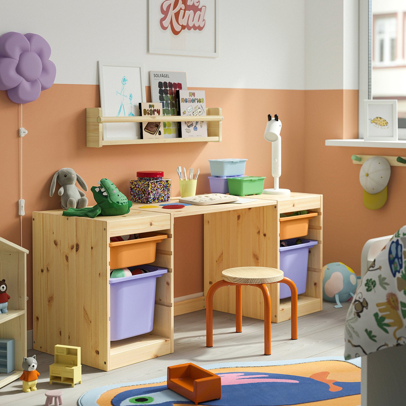 TROFAST desk with storage boxes, light white stained pine/light orange lilac, 124x44x52 cm