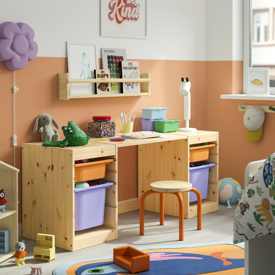 TROFAST desk with storage boxes, light white stained pine/light orange lilac, 124x44x52 cm