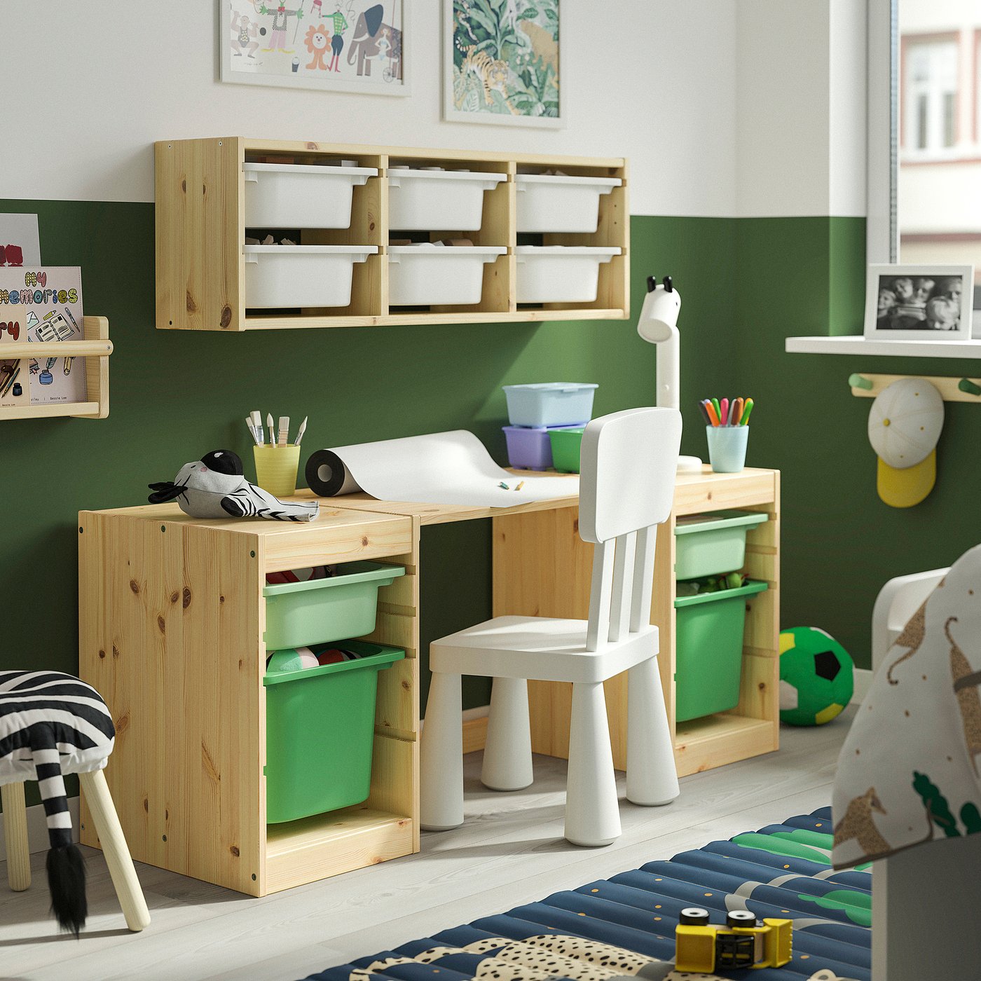 TROFAST desk with storage boxes, light white stained pine/light green bright green, 124x52x44 cm